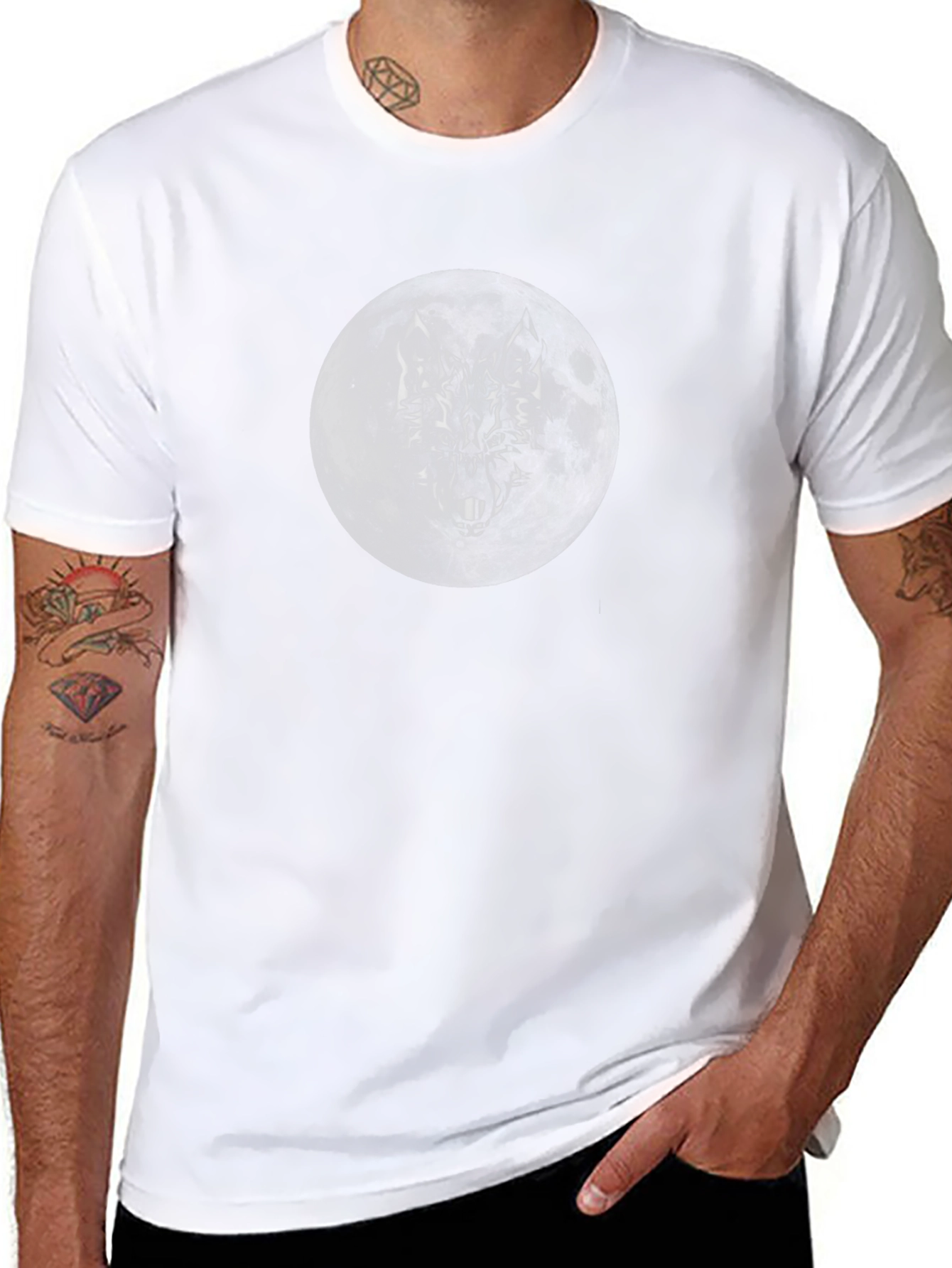 Camiseta Negra Luna Lobo Hombre Estilo Casual