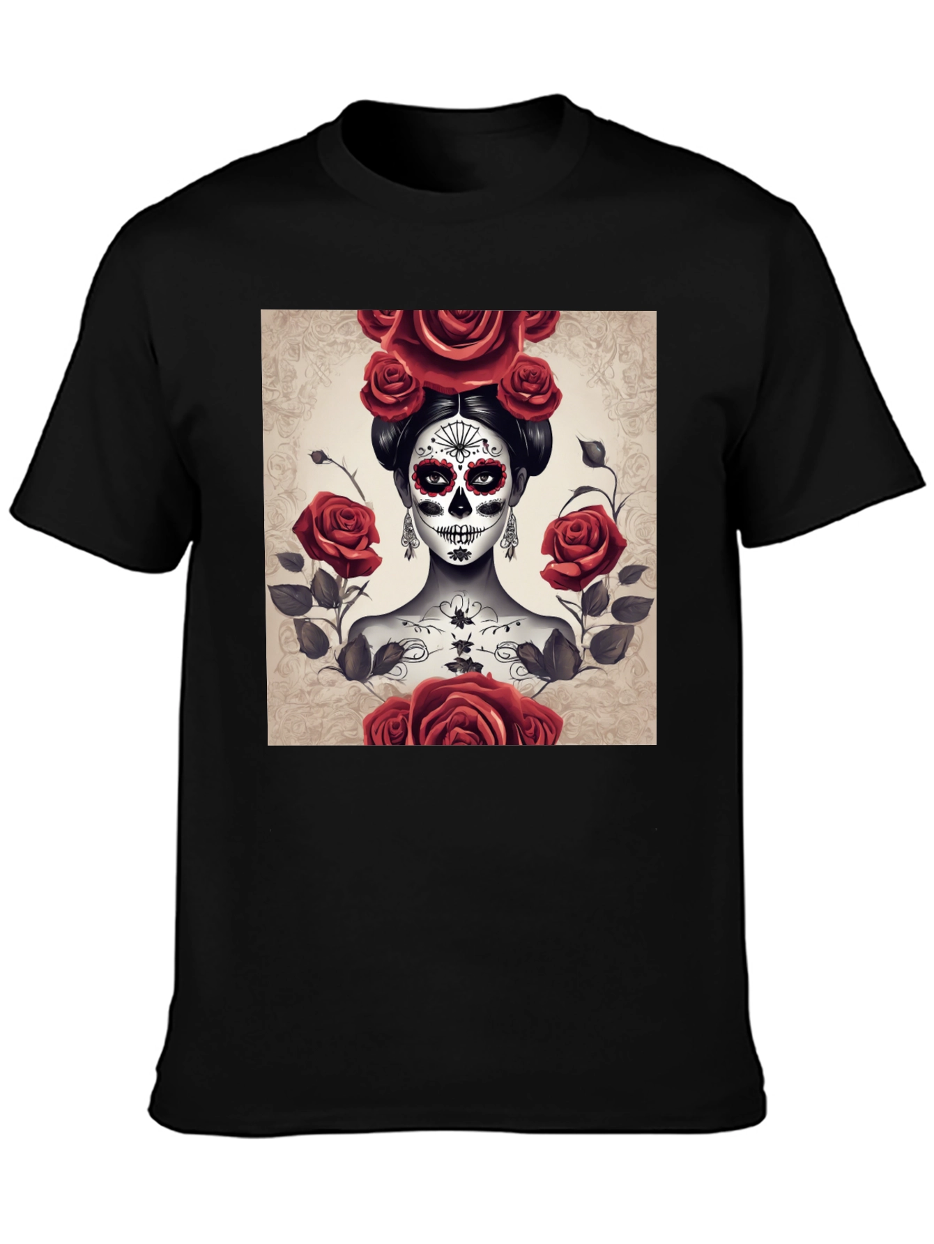 Camiseta Negra con Diseño de Catrina y Rosas Rojas
