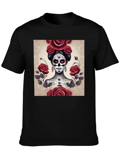 Camiseta Negra con Diseño de Catrina y Rosas Rojas