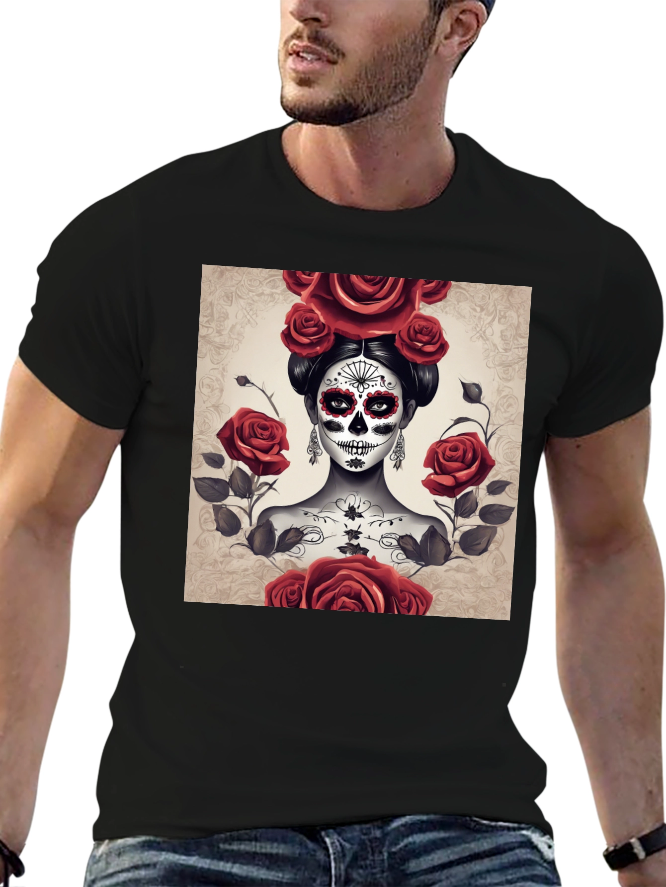 Camiseta Negra con Diseño de Catrina y Rosas Rojas