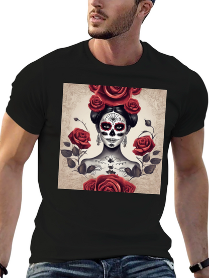 Camiseta Negra con Diseño de Catrina y Rosas Rojas