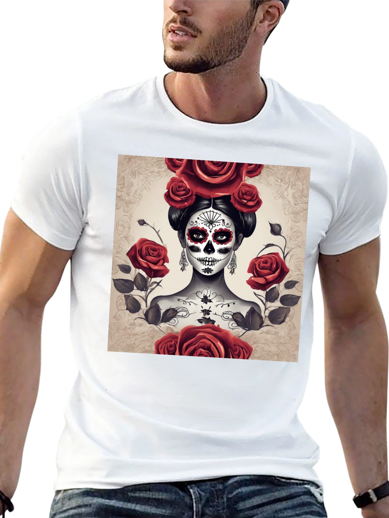 Camiseta Negra con Diseño de Catrina y Rosas Rojas