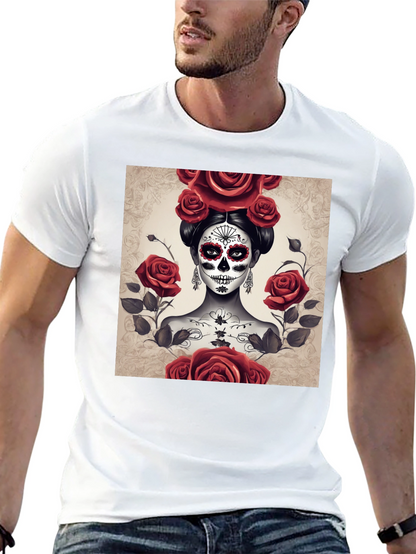 Camiseta Negra con Diseño de Catrina y Rosas Rojas
