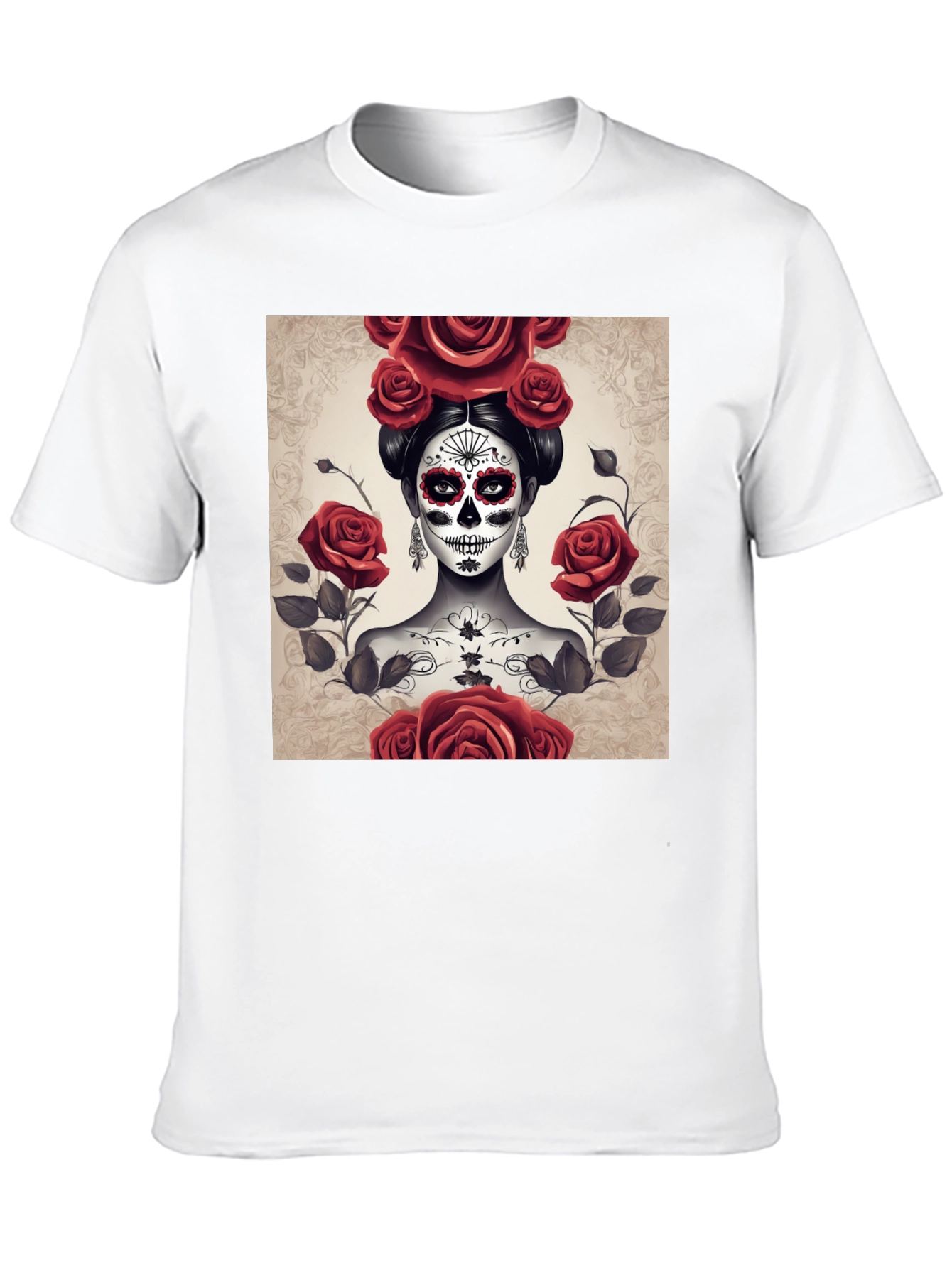 Camiseta Negra con Diseño de Catrina y Rosas Rojas
