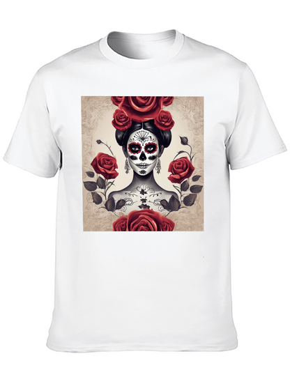 Camiseta Negra con Diseño de Catrina y Rosas Rojas