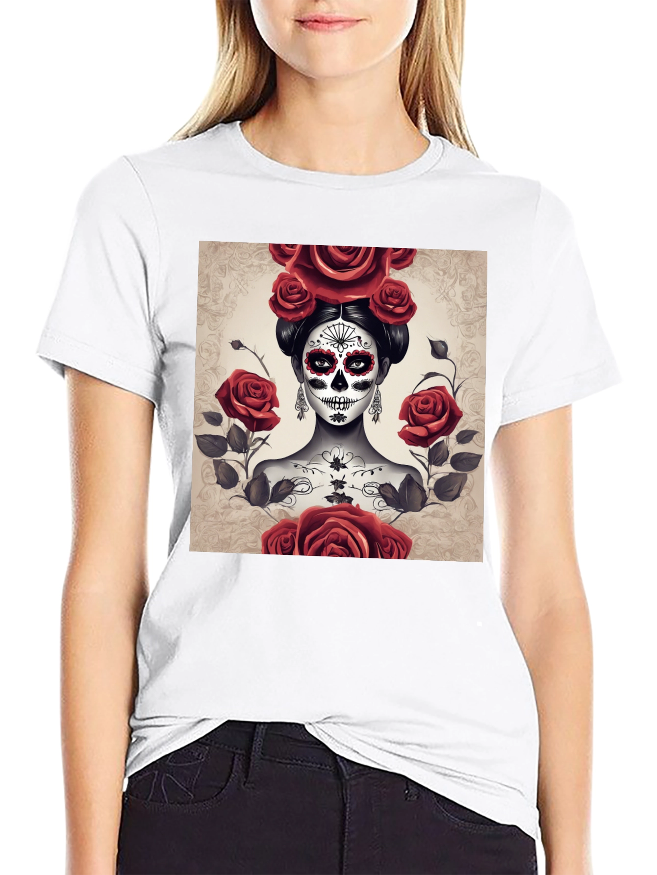 Camiseta Negra con Diseño de Catrina y Rosas Rojas