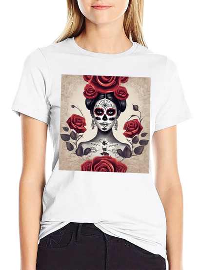 Camiseta Negra con Diseño de Catrina y Rosas Rojas
