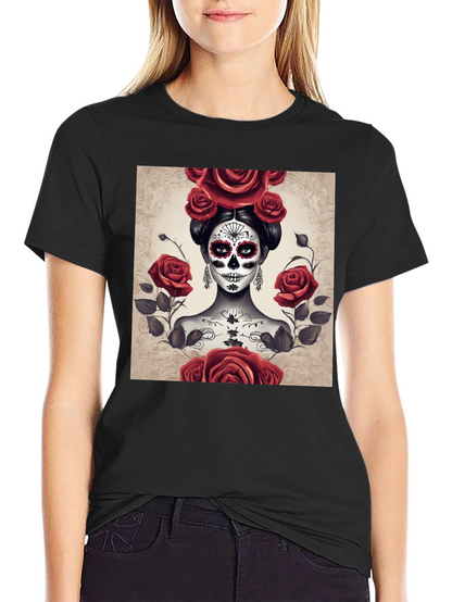 Camiseta Negra con Diseño de Catrina y Rosas Rojas