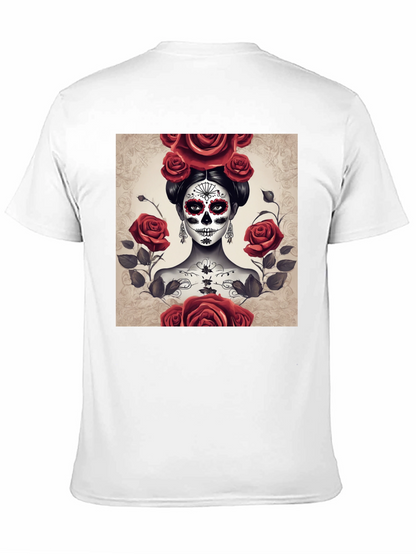 Camiseta Negra con Diseño de Catrina y Rosas Rojas
