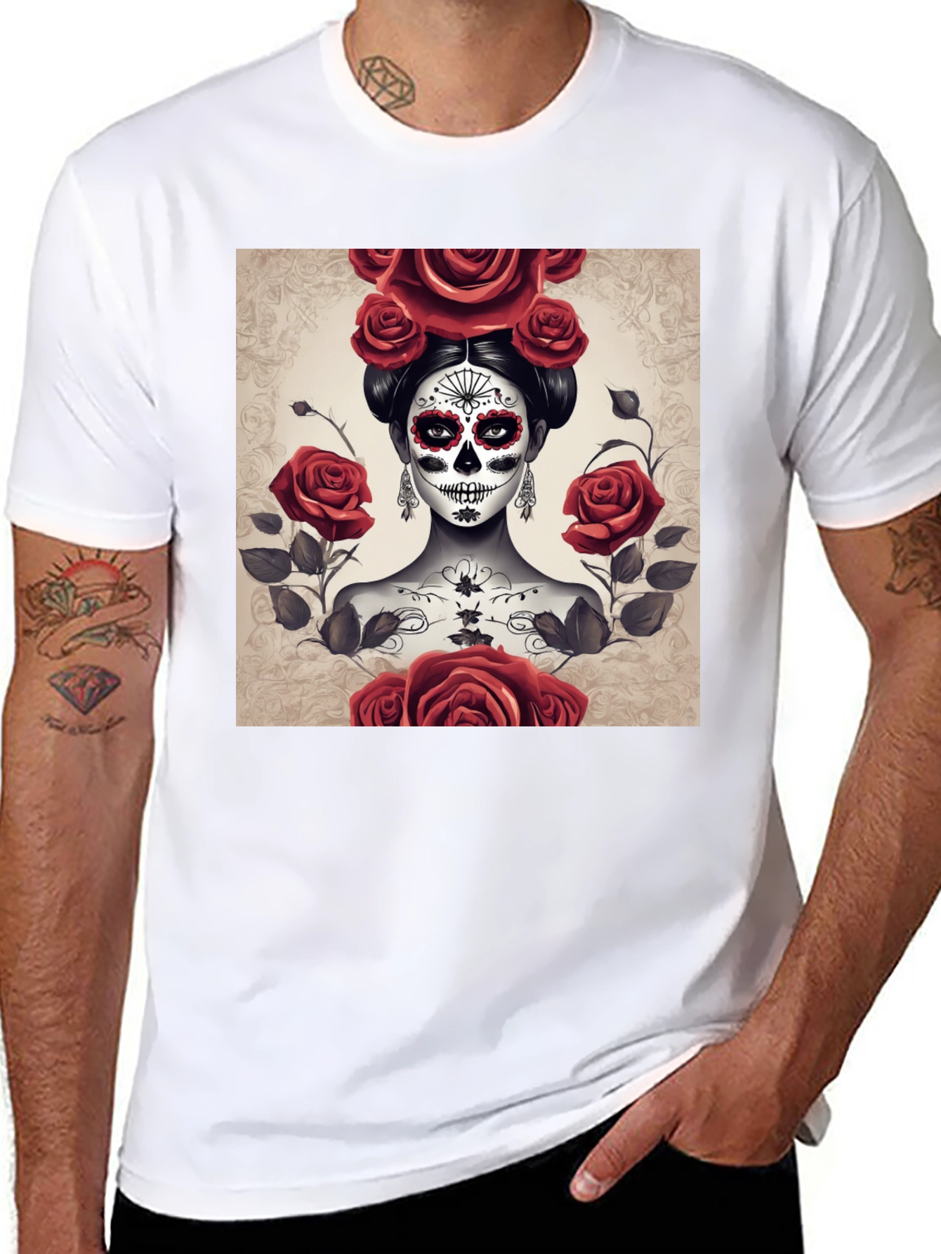 Camiseta Negra con Diseño de Catrina y Rosas Rojas