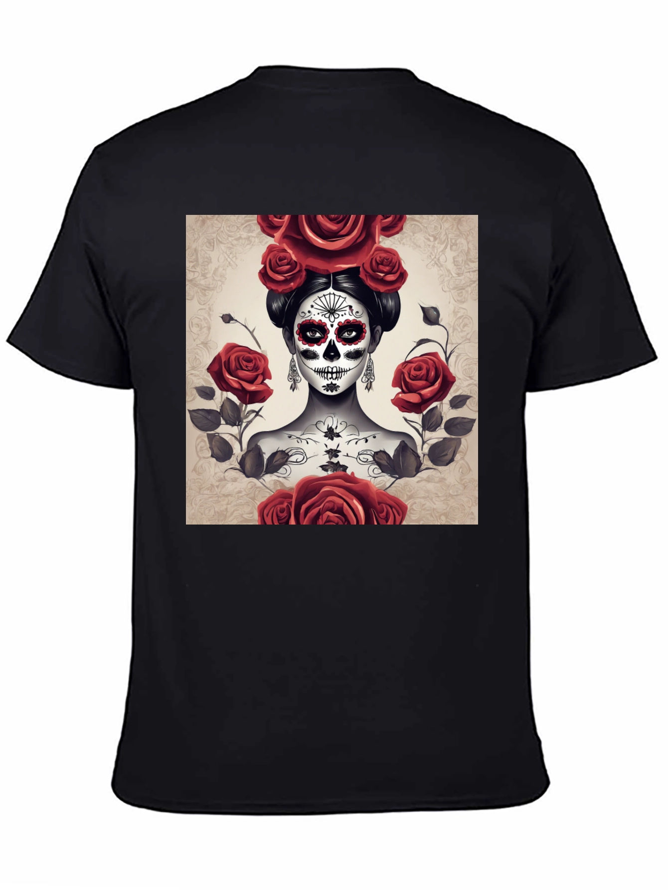 Camiseta Negra con Diseño de Catrina y Rosas Rojas