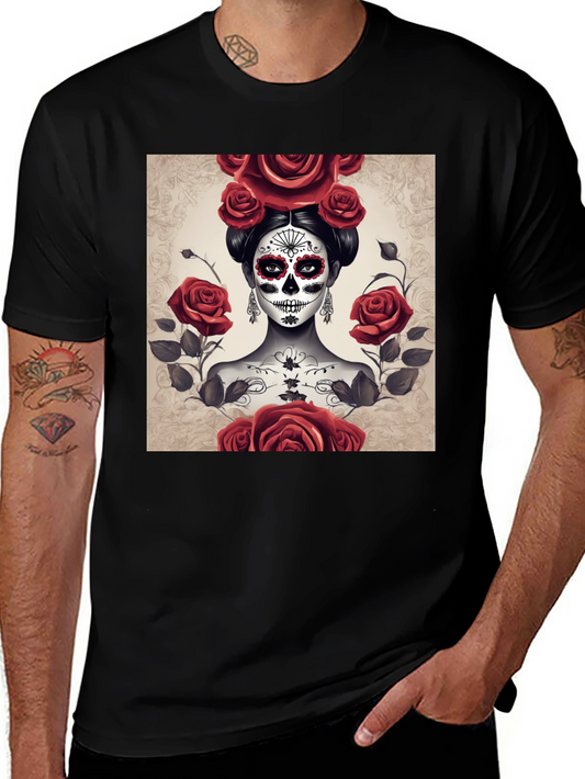Camiseta Negra con Diseño de Catrina y Rosas Rojas