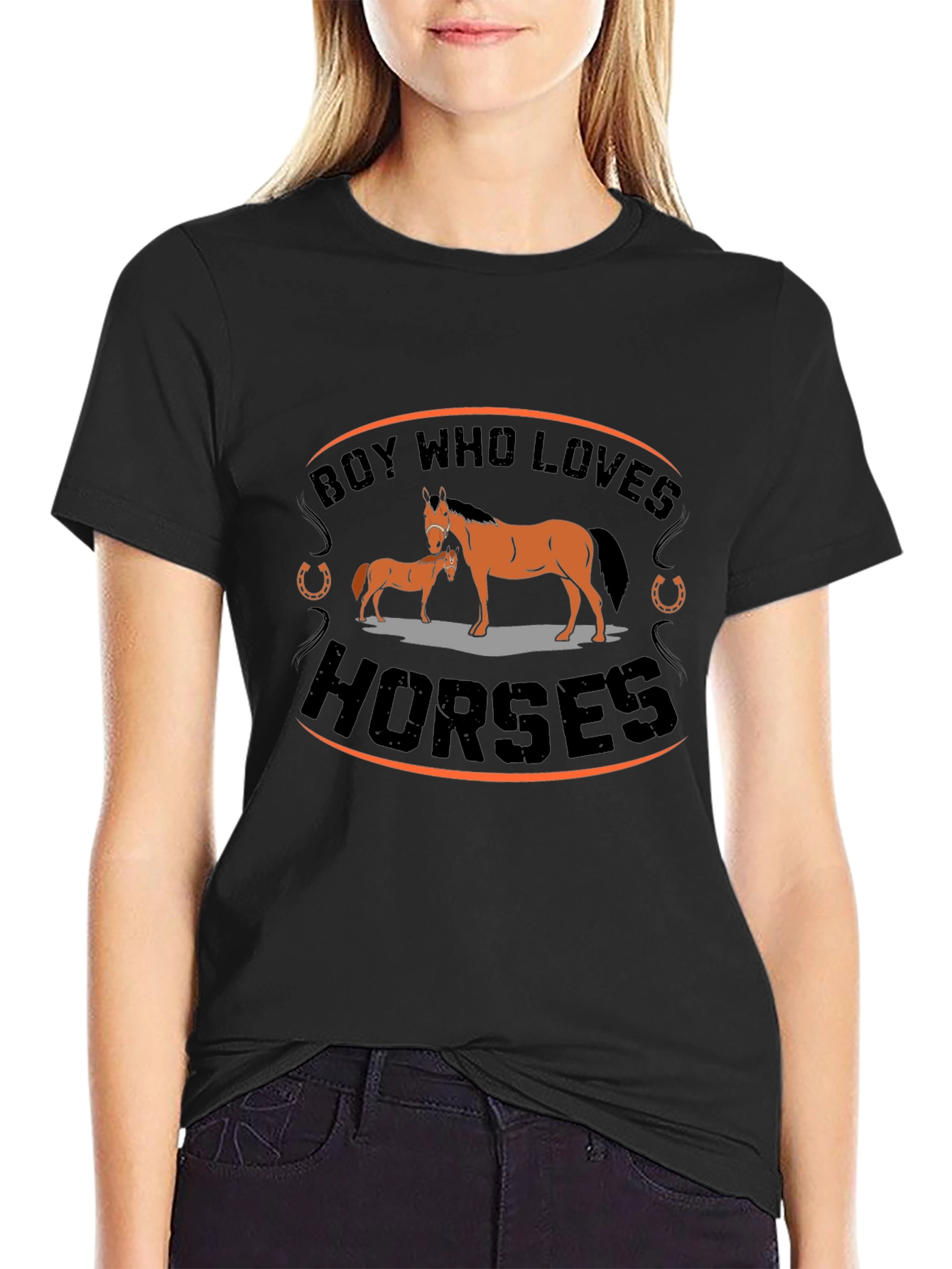 Camiseta Negra con Diseño de Caballos