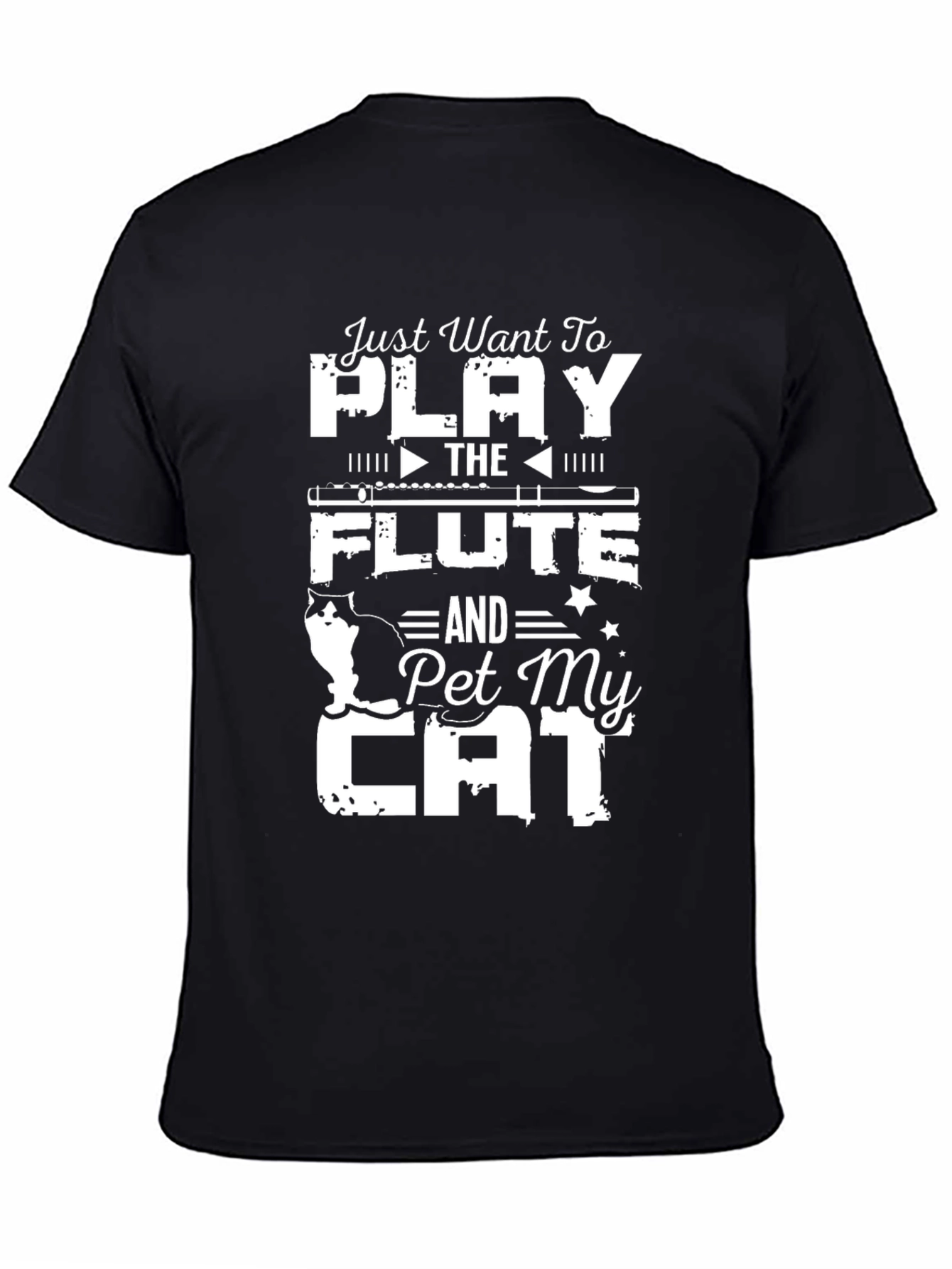 Camiseta Negra con Diseño de Flauta y Gato