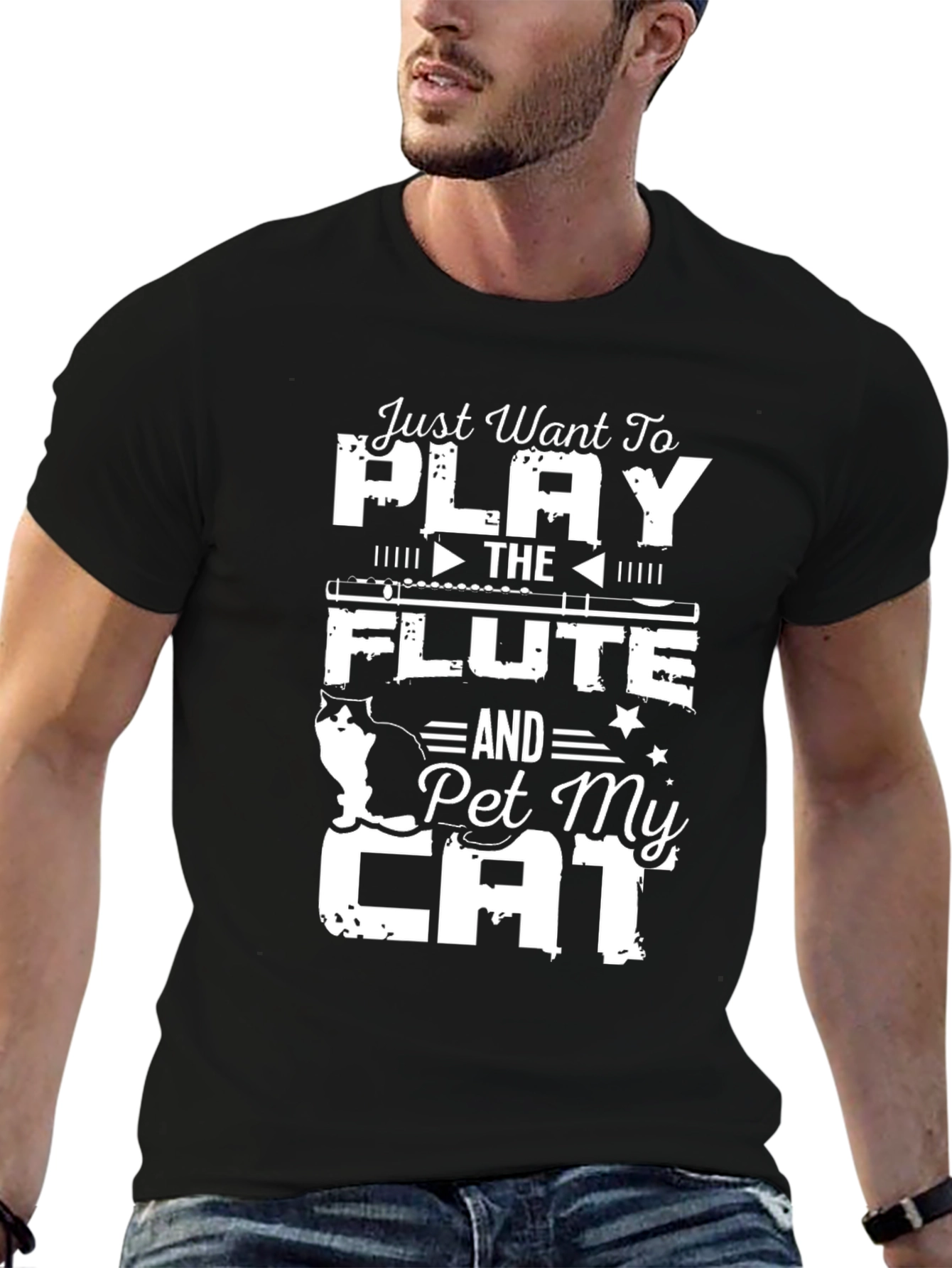 Camiseta Negra con Diseño de Flauta y Gato
