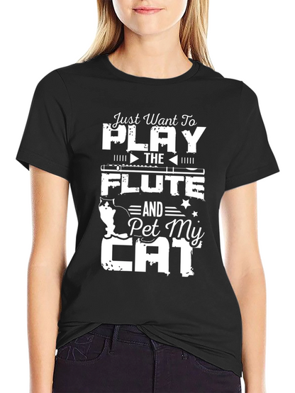 Camiseta Negra con Diseño de Flauta y Gato