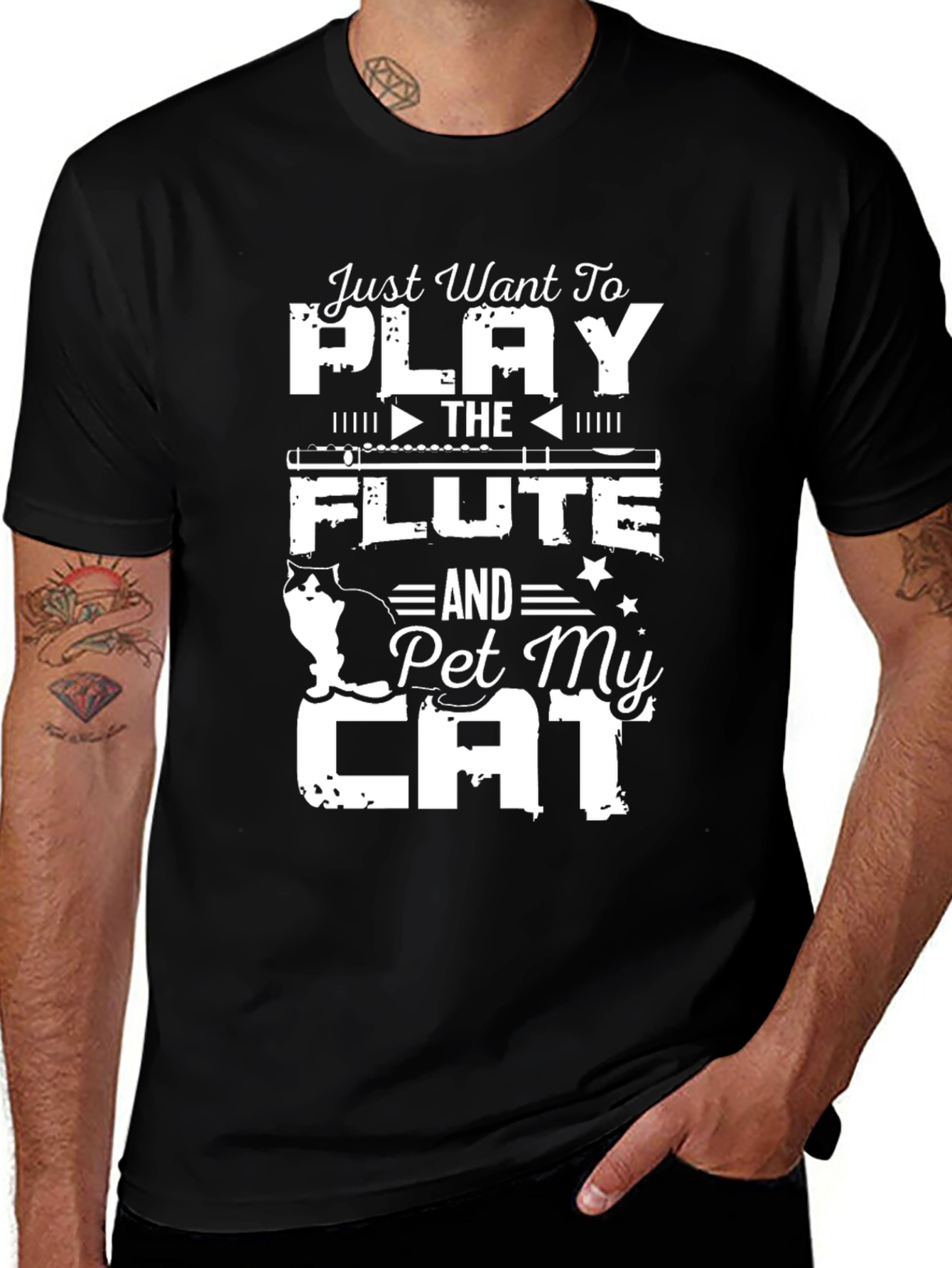 Camiseta Negra con Diseño de Flauta y Gato