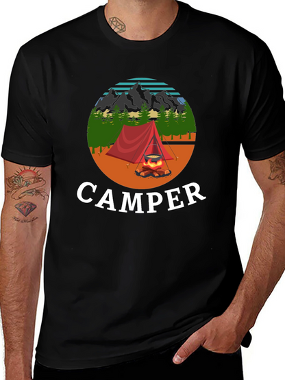 Camiseta Negra con Diseño de Camping para Hombre