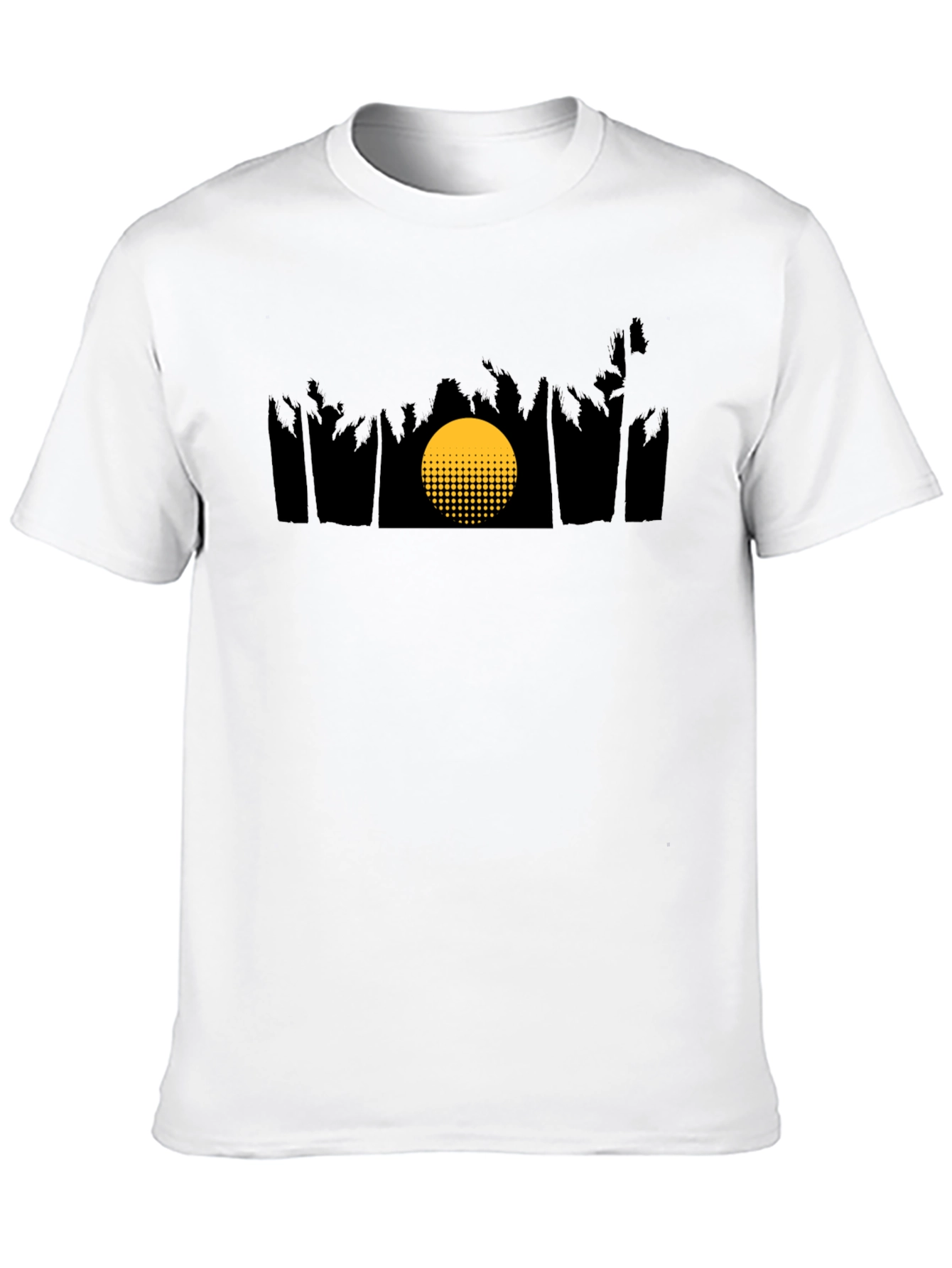 Camiseta Negra con Diseño de Atardecer Tropical