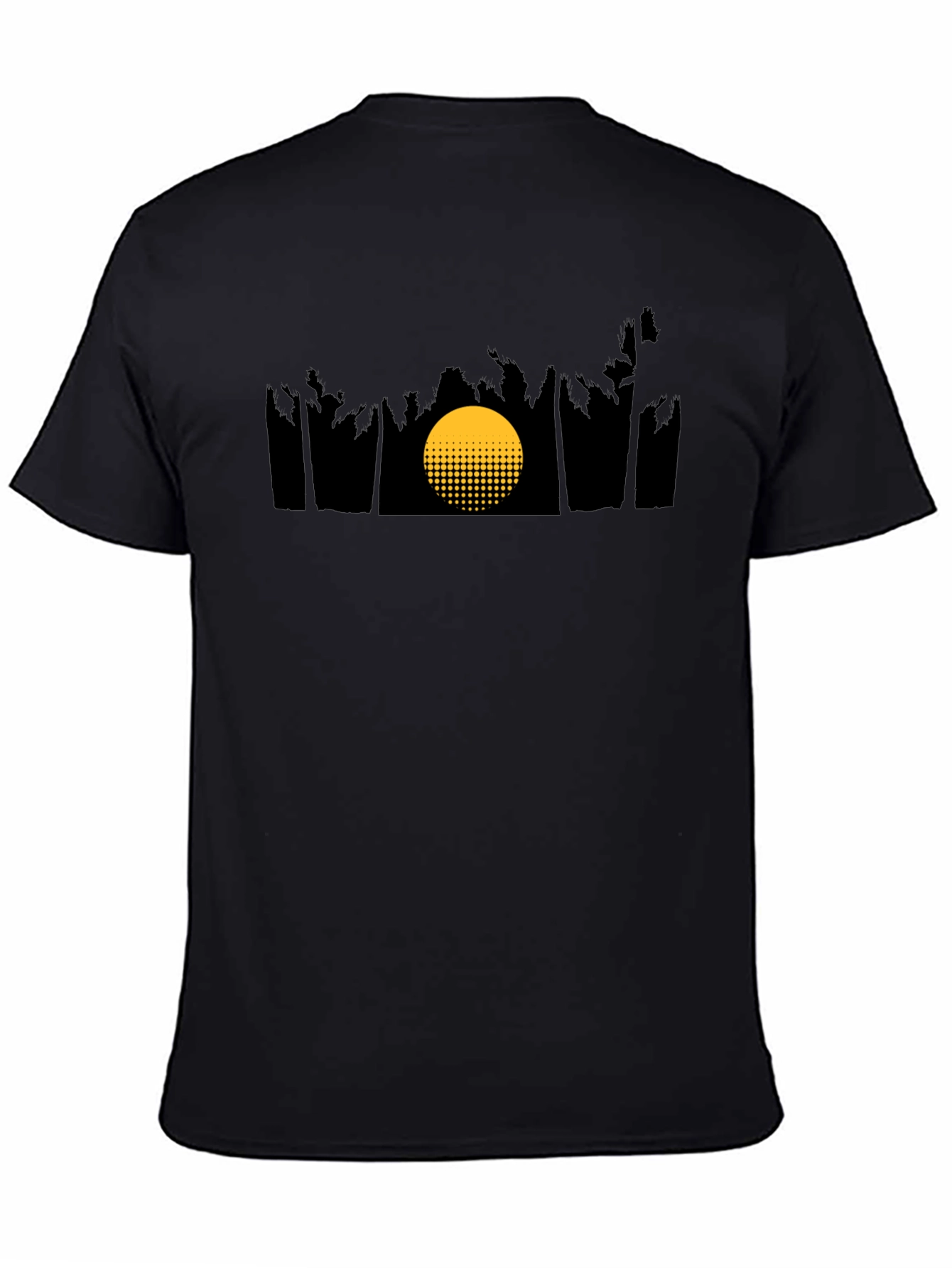 Camiseta Negra con Diseño de Atardecer Tropical