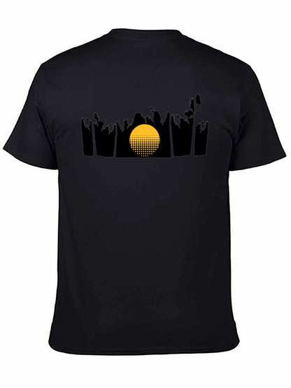 Camiseta Negra con Diseño de Atardecer Tropical