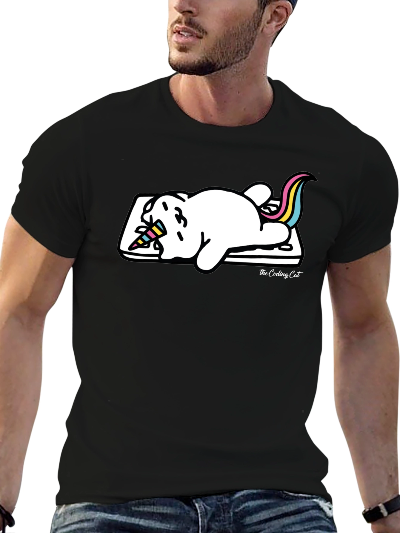 Camiseta Negra Gato Unicornio Durmiendo