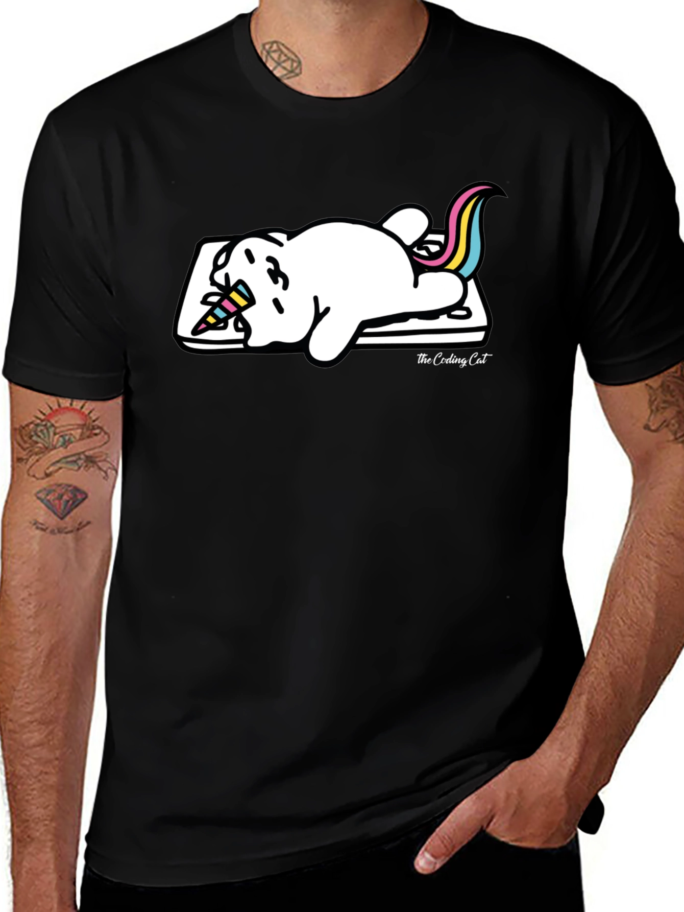 Camiseta Negra Gato Unicornio Durmiendo
