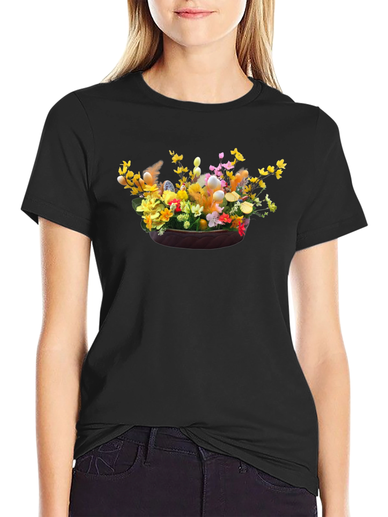 Camiseta Negra con Diseño Floral de Pascua