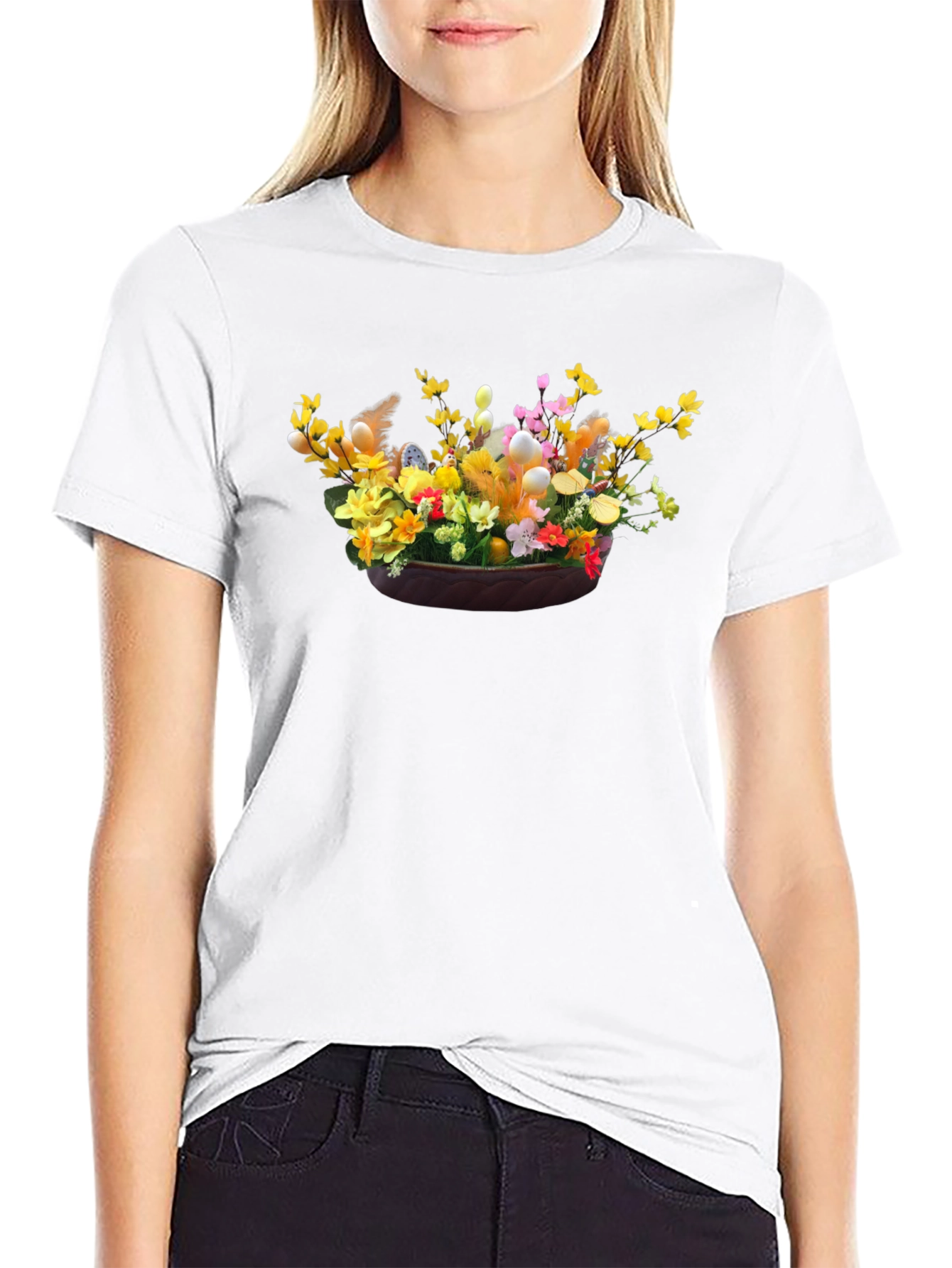 Camiseta Negra con Diseño Floral de Pascua