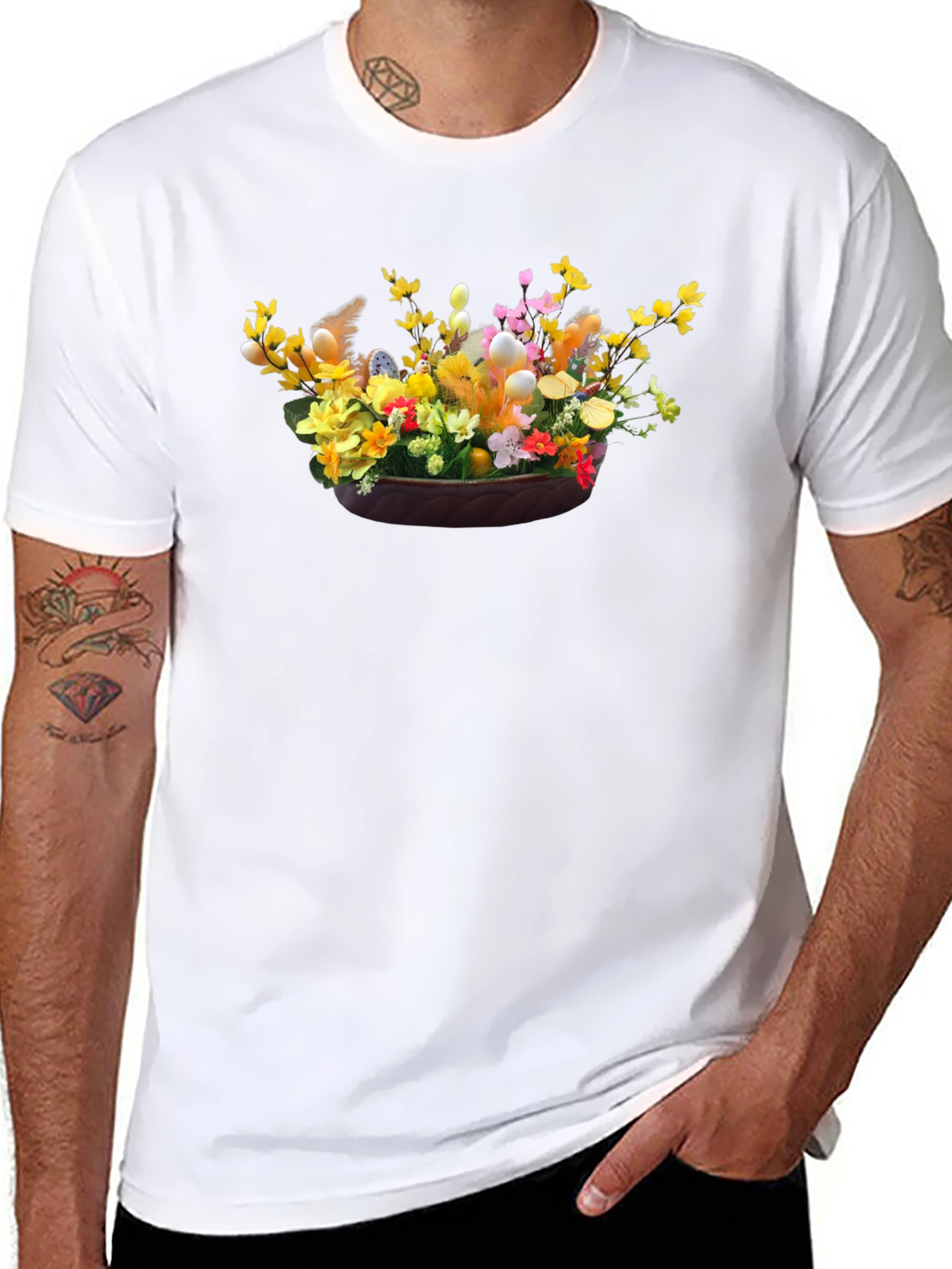 Camiseta Negra con Diseño Floral de Pascua