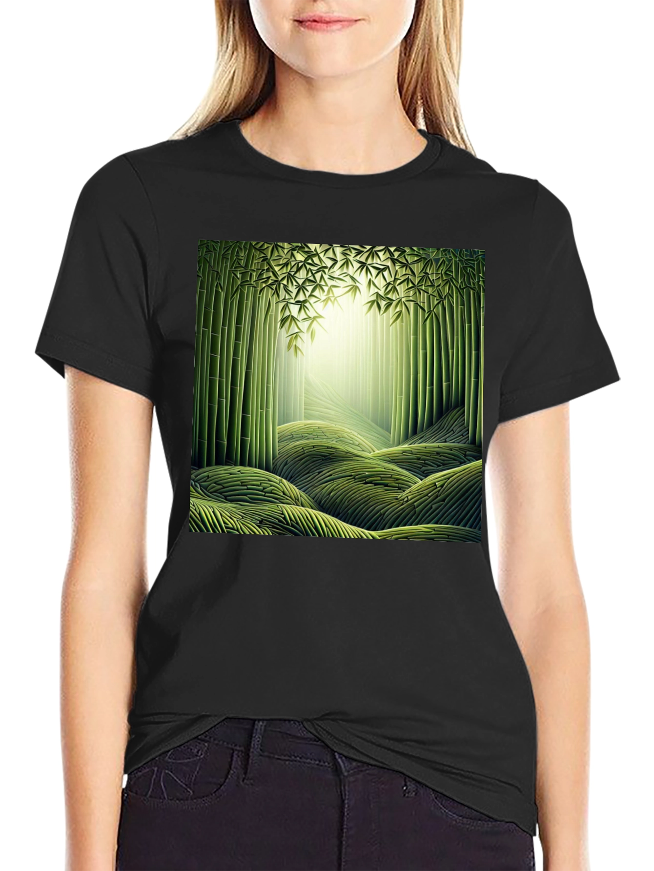 Camiseta Negra con Diseño de Bosque de Bambú