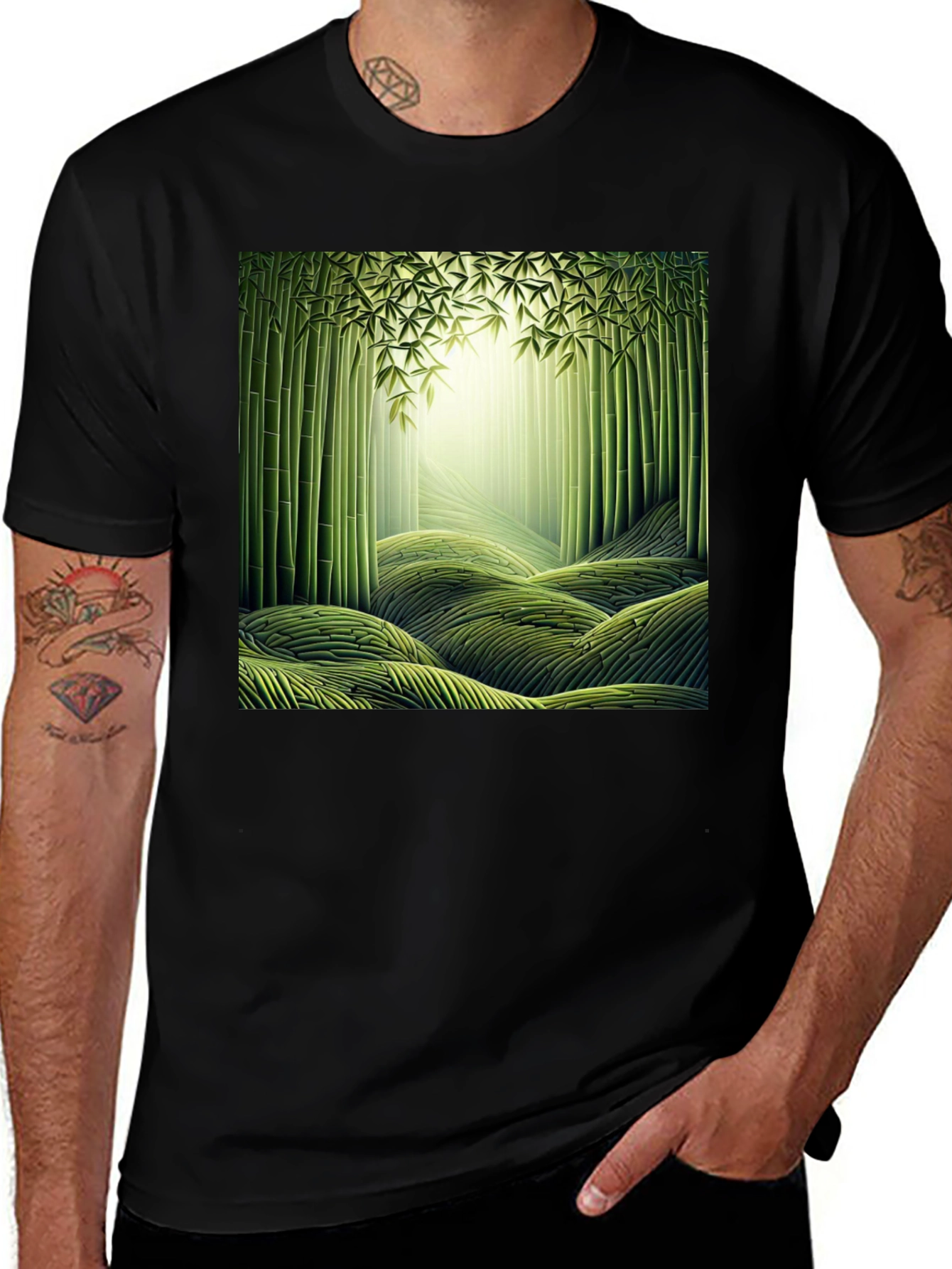 Camiseta Negra con Diseño de Bosque de Bambú