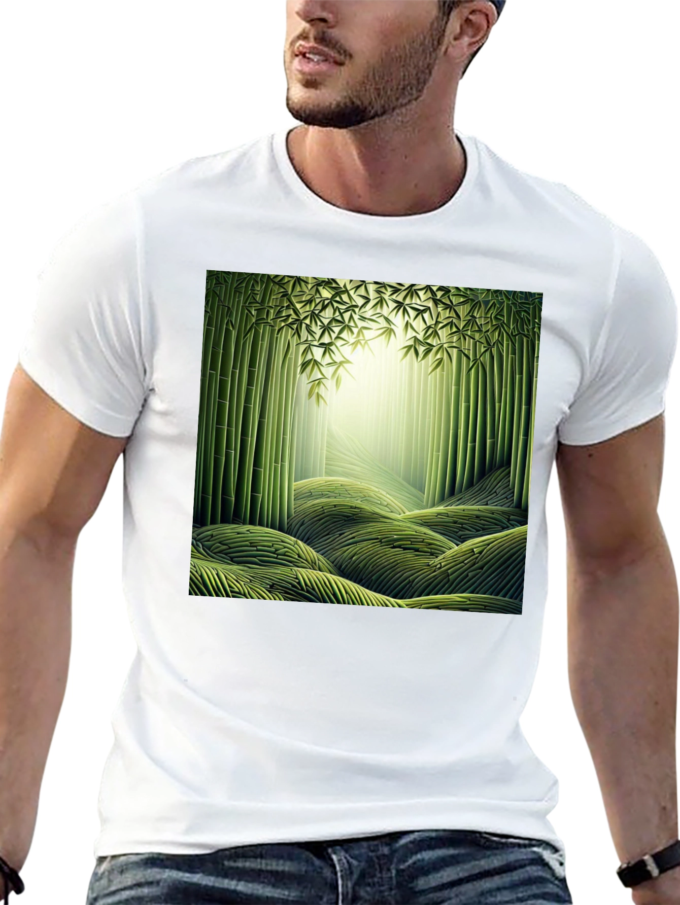 Camiseta Negra con Diseño de Bosque de Bambú