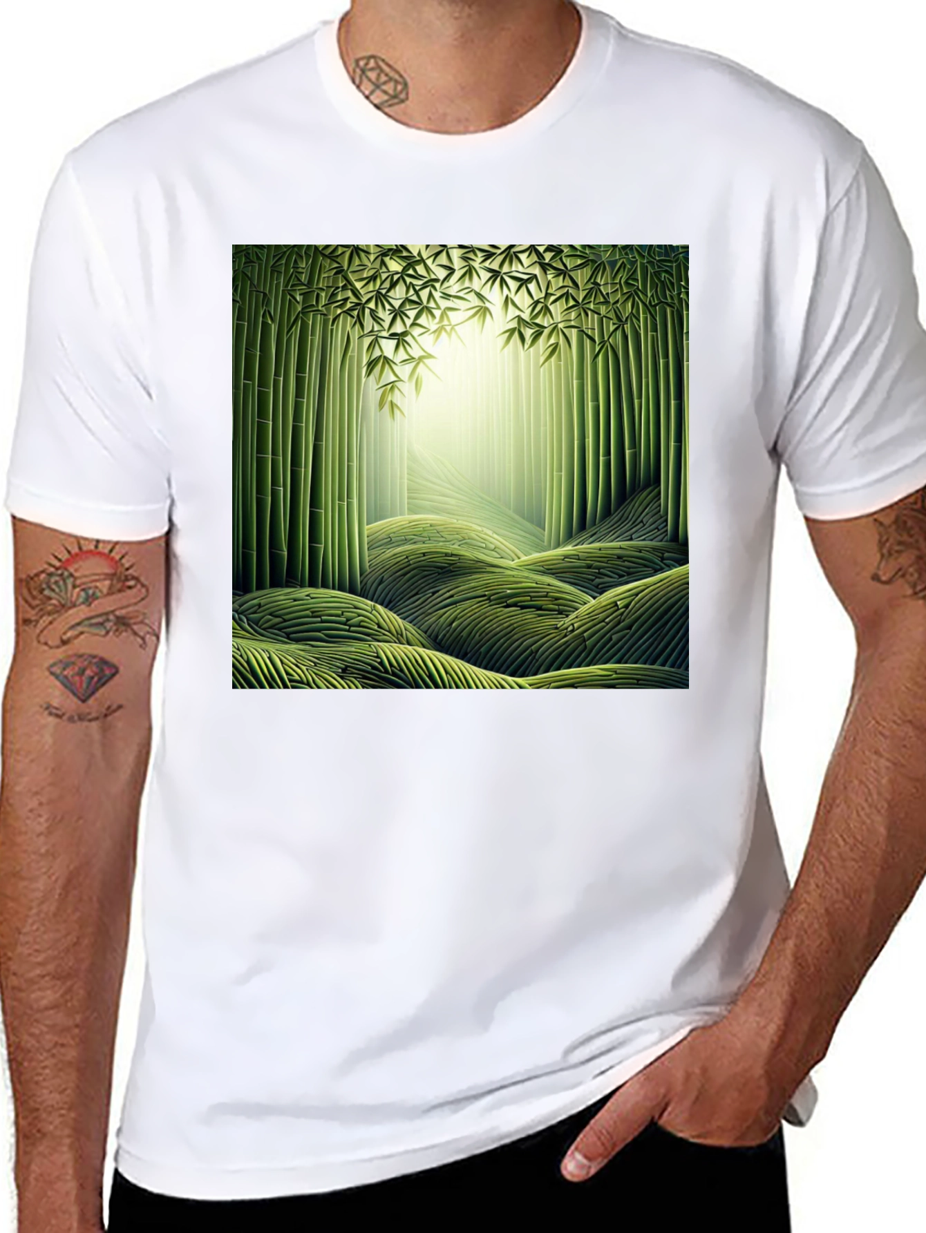 Camiseta Negra con Diseño de Bosque de Bambú