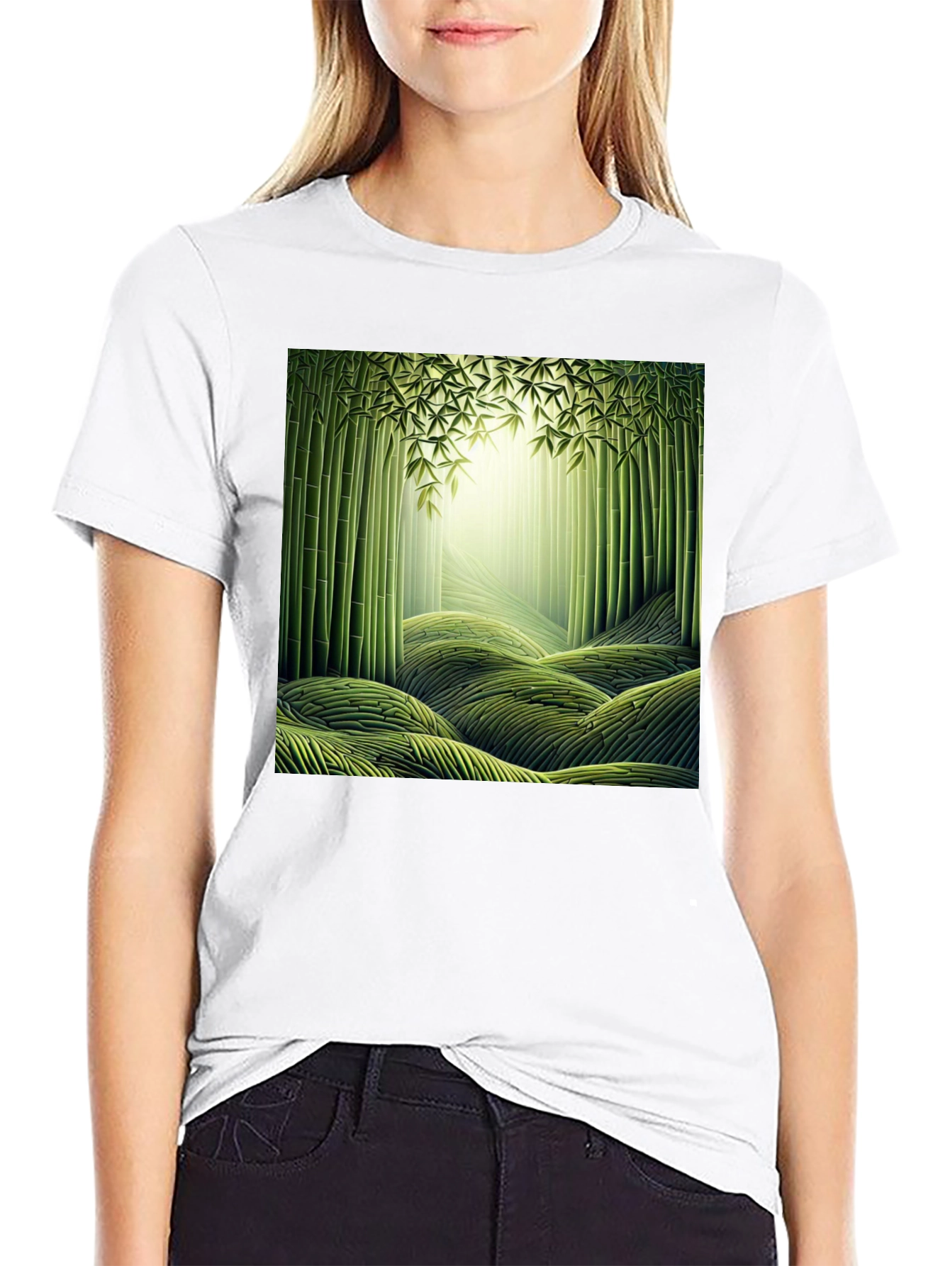 Camiseta Negra con Diseño de Bosque de Bambú