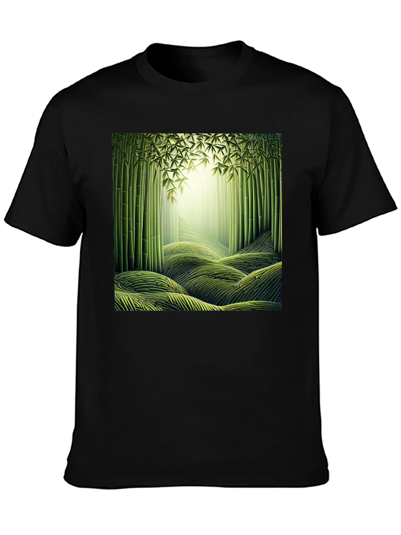 Camiseta Negra con Diseño de Bosque de Bambú