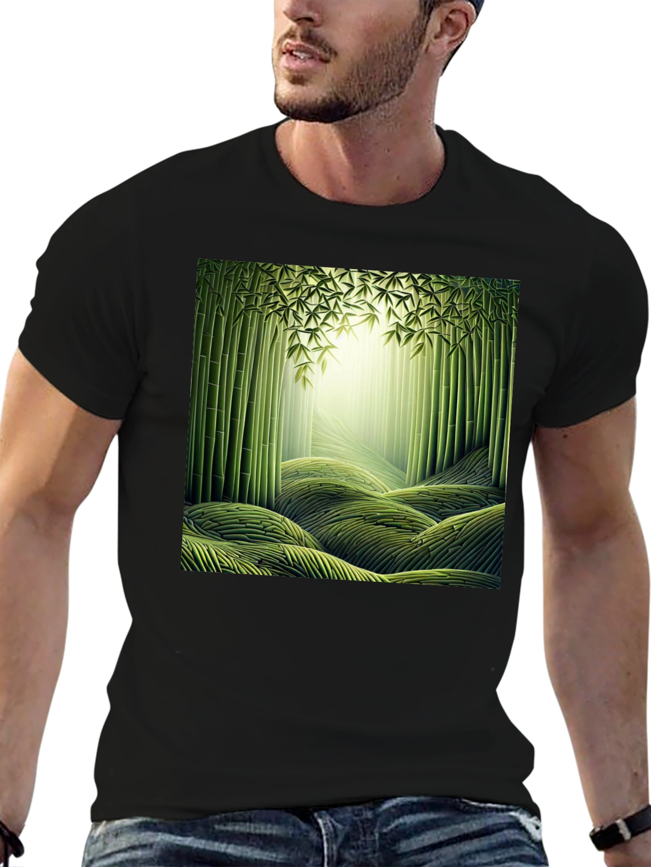 Camiseta Negra con Diseño de Bosque de Bambú