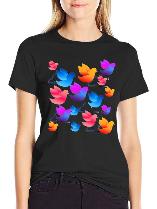 Camiseta Negra con Diseño de Aves Coloridas