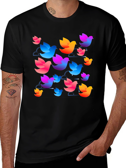 Camiseta Negra con Diseño de Aves Coloridas