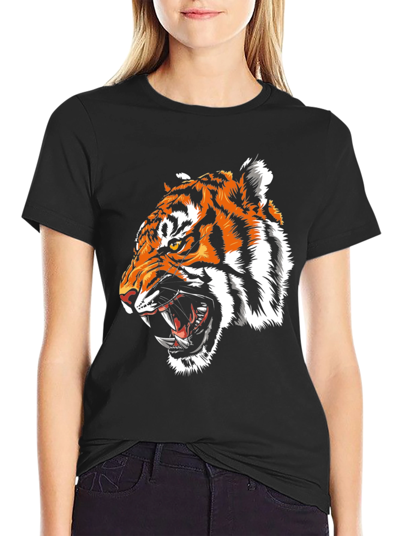 Camiseta Negra con Estampado de Tigre Feroz