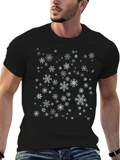 Camiseta Negra con Estampado de Copos de Nieve Invernal