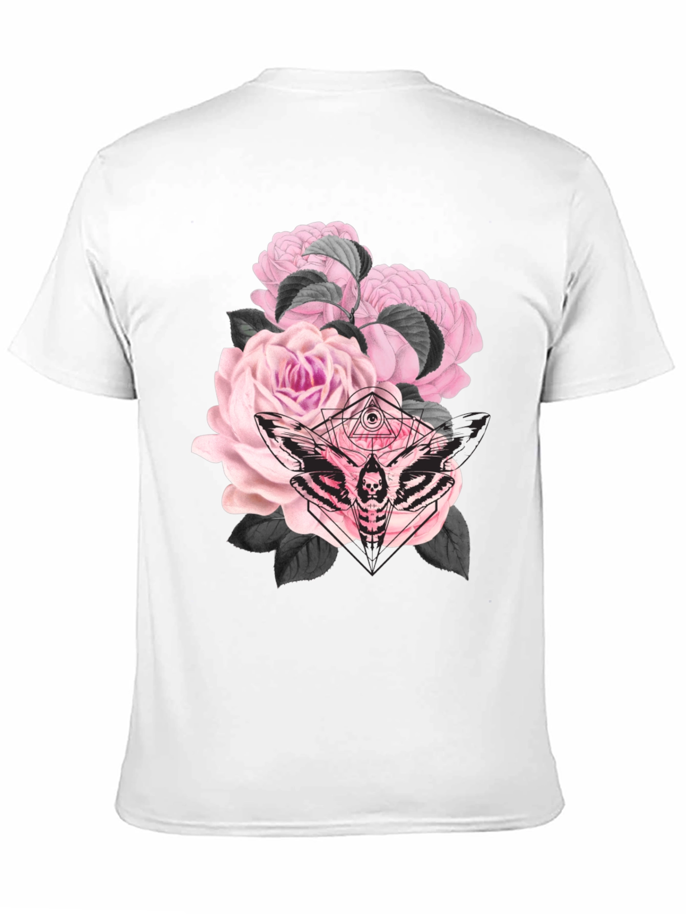 Camiseta Negra con Estampado de Rosas y Polilla