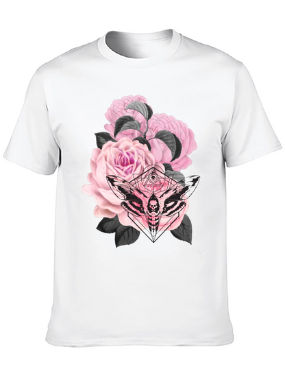 Camiseta Negra con Estampado de Rosas y Polilla