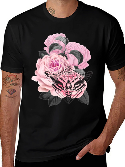 Camiseta Negra con Estampado de Rosas y Polilla