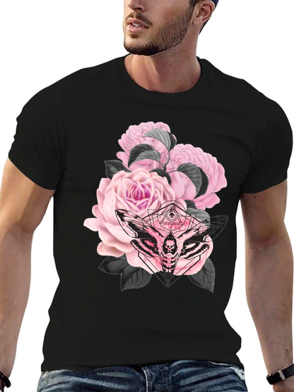 Camiseta Negra con Estampado de Rosas y Polilla