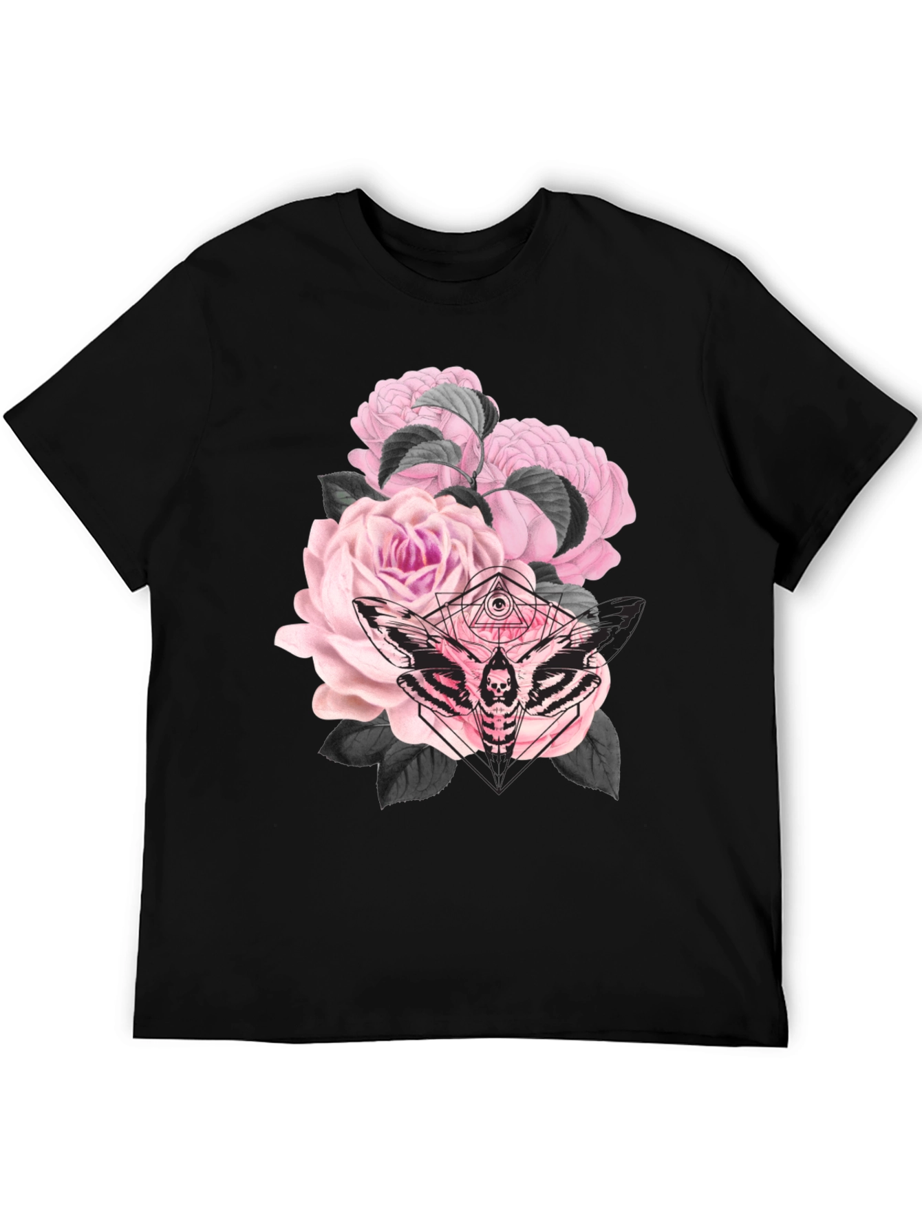 Camiseta Negra con Estampado de Rosas y Polilla