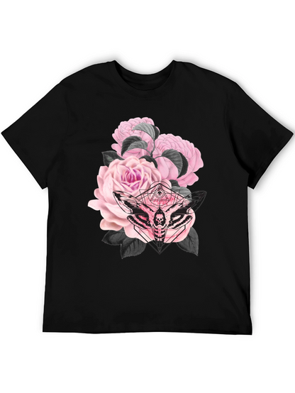 Camiseta Negra con Estampado de Rosas y Polilla