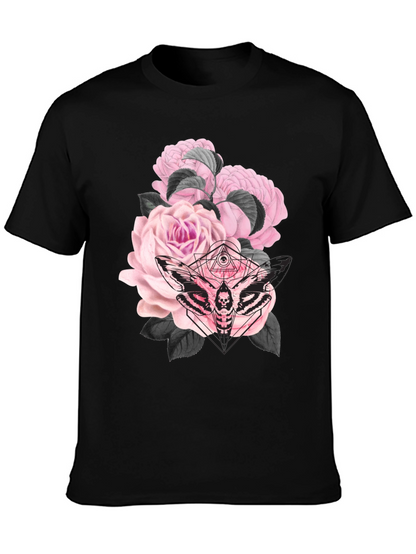 Camiseta Negra con Estampado de Rosas y Polilla
