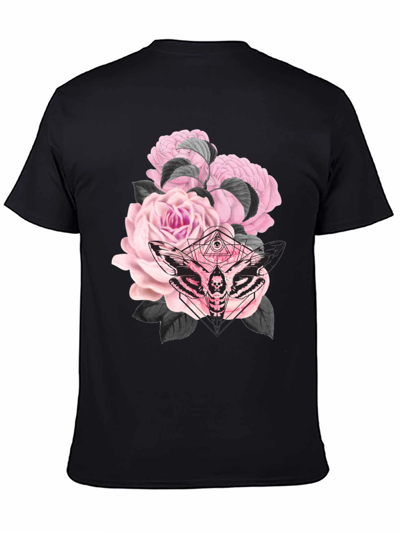 Camiseta Negra con Estampado de Rosas y Polilla