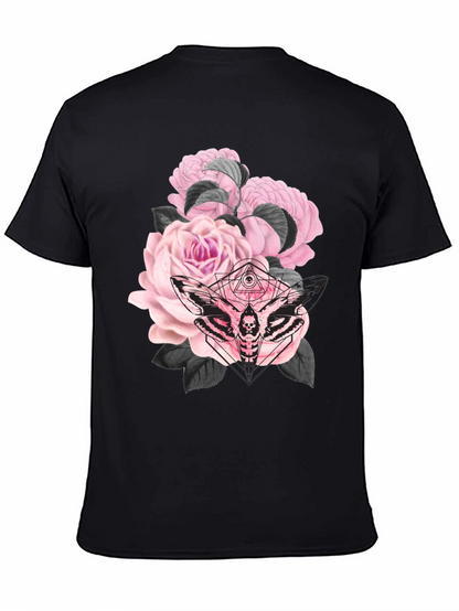Camiseta Negra con Estampado de Rosas y Polilla